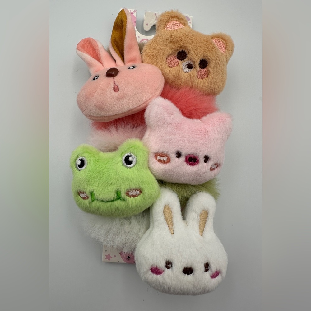 New Set of 5 Plush Decorative Animal Hair Scrunchies Bear Bunny Frog Pig Cat